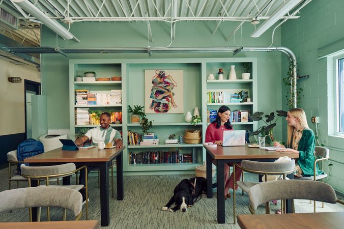 Colleagues chat and work in a modern coworking office space. At one table, a young white woman with partially paralyzed arms and hands chats with a young pale white blind woman. A black and white guide dog with a guide harness lies on the floor next to the blind woman, who is typing on a laptop computer with headphones nearby. She has shiny black hair styled in waves and is wearing a chunky knitted pink sweater and dusky pink flared pants. The white woman with partially paralyzed arms and hands is smiling while writing in a notebook, with a glass of water with a straw in it nearby. She has long, straight blonde hair and is wearing a floral dress and a green blazer. At another table, a Black man smiles while looking at his tablet computer. He is wearing a white and green polo shirt and a pastry and mug are nearby. The coworking office space is painted a warm mint green and has a large bookcase displaying several books, plants, art pieces, and clay vases.